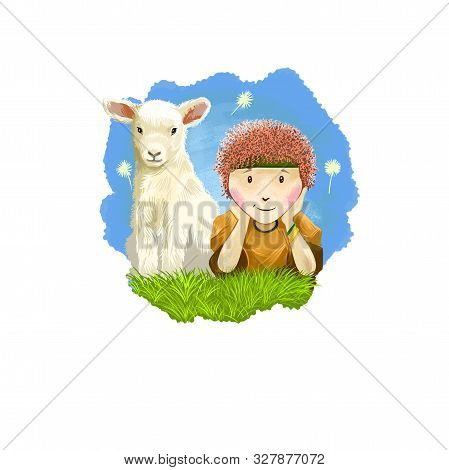 Aries Horoscope Sign With Children Digital Art Illustration Isolated On White. Little Boy And Young 