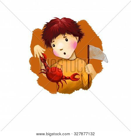 Cancer Horoscope Sign With Children Digital Art Illustration Isolated On White. Red Lobster Catches 