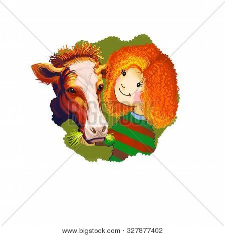 Taurus Horoscope Sign With Children Digital Art Illustration Isolated On White. Little Redhead Girl 