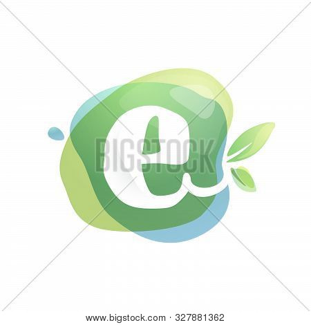 E Letter Logo With Negative Space At Green Watercolor Splash Background. Vector Elements For Organic