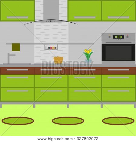 Modern Cozy Kitchen Interior With Oven And Little Carpets.