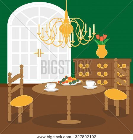 Cute Living Room Interior Design In Retro Style With Furniture, Big Lamp, Vase With Flowers, Table W
