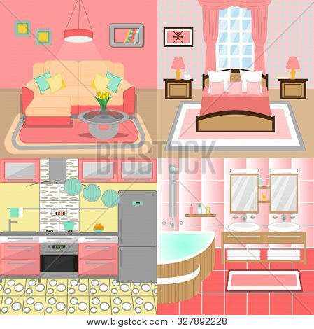 Set Of Vector Interiors With Furniture And Equipment. Design A Living Room, Kitchen, Bathroom, Bedro