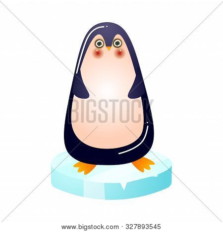 Funny Penquin With Red Cheeks Standing On Ice Vector Illustration