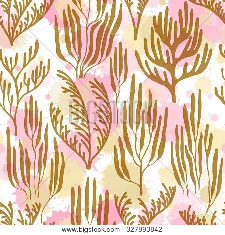 Coral Reef Seamless Pattern. Paint Splashes Drops Watercolor Background. Undersea Reef Flora Pattern