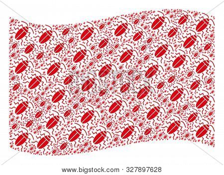 Waving Red Flag Collage. Vector Cucaracha Elements Are Combined Into Mosaic Red Waving Flag Abstract