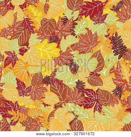 Various Hand Drawn Autumn Leaves Overlapping To Form An Endless Pattern. Vector Seamless Pattern For