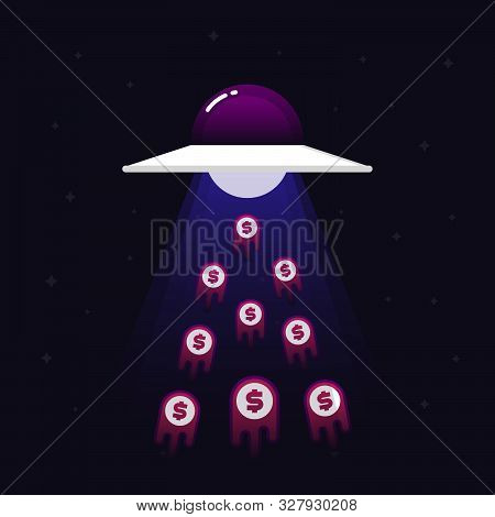 Ufo Sucking Money Into Space, Flat Style Background
