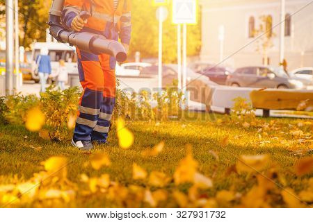 Leaf Blower Male Worker Removes Leaves Lawn Of Garden Autumn