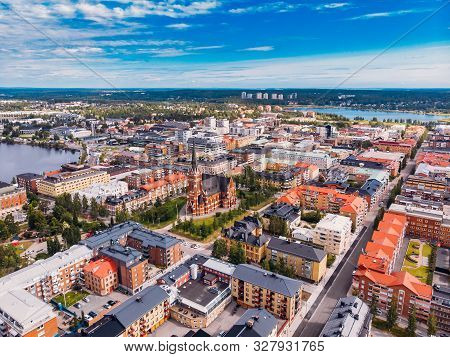 Lulea, Sweden - July 05, 2019: Panorama City, Cathedral Sunny Day, Blue Sky