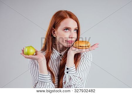 Redheared Hungry Business Woman In Striped Shirt Eating Usa Burger Visa Traveler White Background St