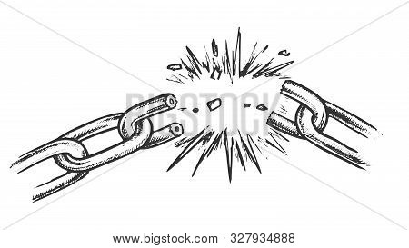 Breaking Metal Chain Freedom Concept Ink Vector. Steel Chain With Defect. Breakdown And Destruction 
