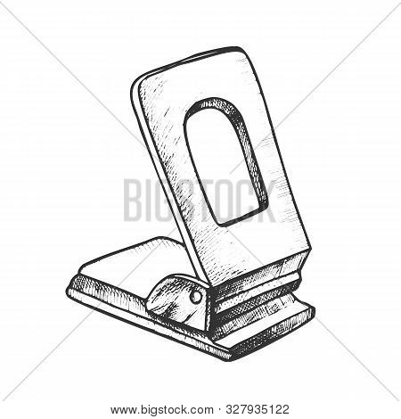 Puncher Stationery Equipment Monochrome Vector. Office Tool Puncher For Make Holes And Attachment Pa