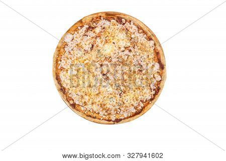 Quattro Formaggio Whole Italian Pizza With Four Sorts Of Cheese On Wooden Board Isolated On White Ba