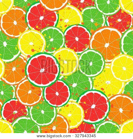Vector Illustration.  Colorful Vibrant Citrus Fruits Slices With Splash Seamless Repeat Pattern. Bes