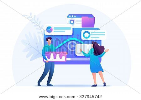 Young Entrepreneurs Insist Data For Digital Marketing, Advertising On The Internet. Flat 2d Characte