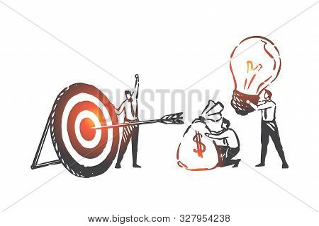 Business Partnership, Teamwork, Overall Success Concept Sketch. Businessmen Working For Result Toget