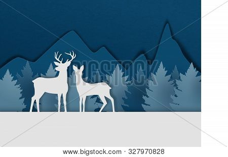 Digital Craft Made Deer Couple On Snowfield With Pine Forest And Mountain In Paper Cut Style. Vector