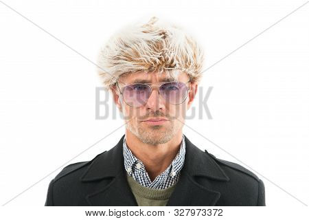 Eyewear Accessory. Fashionista Guy. Mature Fashion Model Enjoy Cold Weather Style. Winter Wardrobe F