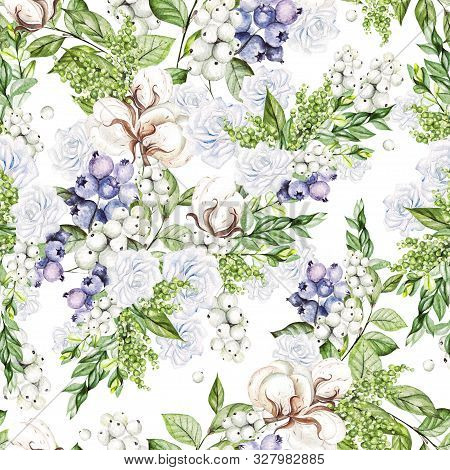 Beautiful Seamless Pattern With Watercolor Tender Roses And Snowberry, Cotton, And Blueberries.  Ill