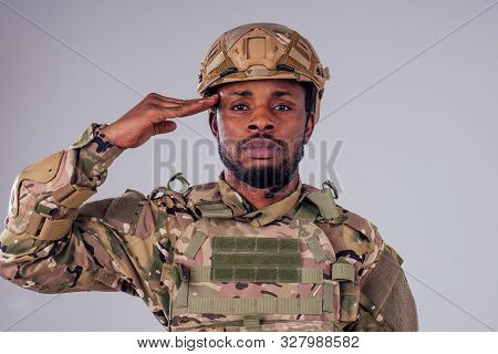 Military Army African Male Camouflage Suit Sorrow White Background Studio