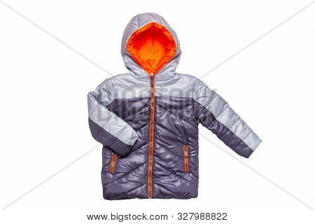 Winter Jacket Isolated. A Stylish Black Warm Down Jacket With Orange Lining For The Kids Isolated On