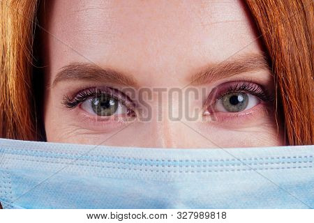 Happy Redhead Woman Snow-white Smile Green Eyes Businesswomen In A Striped Shirt Wearing Gauze Blue 
