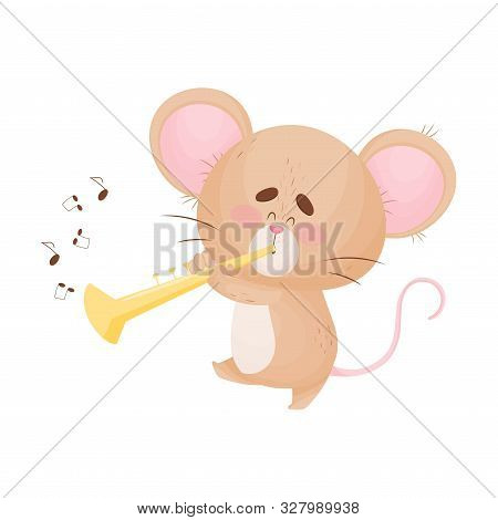 Cartoon Mouse Playing The Pipe. Vector Illustration.