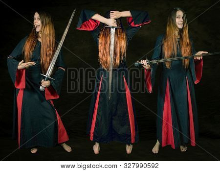 Collage Of Three Full Length Portrait Of The Same Young Long Haired Woman Wearing A Medieval Costume