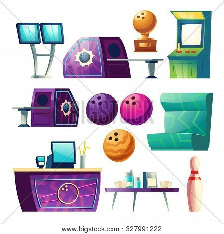 Bowling Club Equipment Icons, Design Elements Set Isolated On White Background. Balls, Skittle, Scor