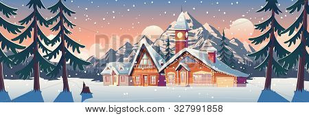 Winter Mountain Landscape With Houses Decorated With Christmas Garland And Tower With Clock. Ski Res