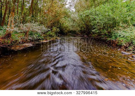Rapid River Among The Forest With Abundant Vegetation And Green Trees, Long Exposure Shooting, Day A