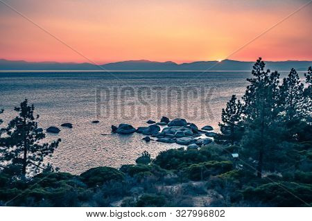 Landscapes And Beautiful Lake Tahoe At Sunset