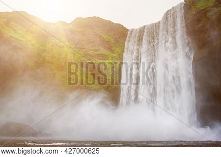 Scogafoss Waterfall In Iceland. Travel Summer Nordic Concept. Natural Icelandic Background.
