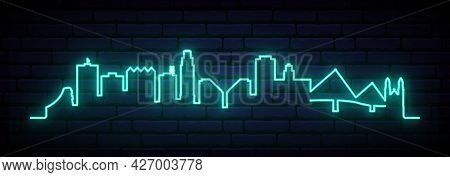 Blue Neon Skyline Of Omaha. Bright Omaha City Long Banner. Vector Illustration.