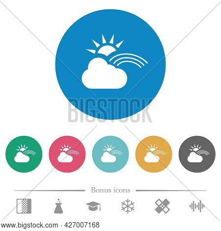 Sunny And Rainbow Weather Flat White Icons On Round Color Backgrounds. 6 Bonus Icons Included.