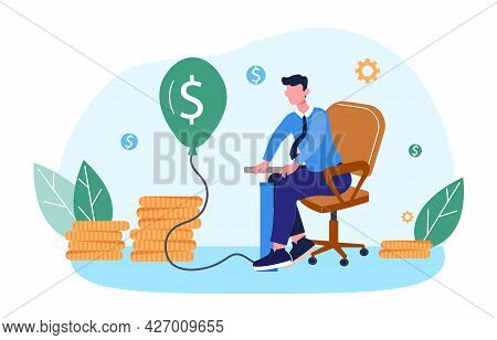 Investment Bubble Causing Concept. Businessman Sits In A Chair And Pumps Air Into Ball With A Dollar