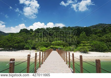 The Pier At Kerachut Beach Within The Penang National Park In George Town Malaysia.