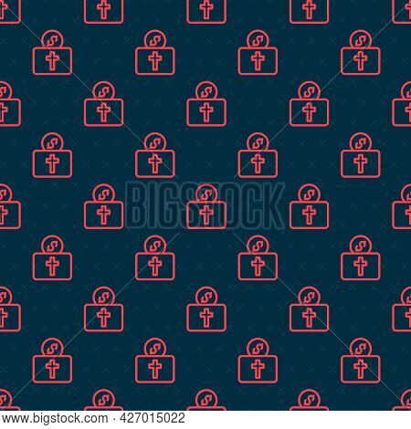 Red Line Donation For Church Icon Isolated Seamless Pattern On Black Background. Vector