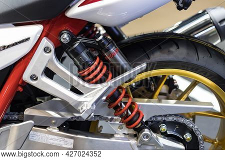Nonthaburi Thailand -dec 9, 2020:-  Red Shock Absorbers Of Honda Motorcycle For Absorbing Jolts At I