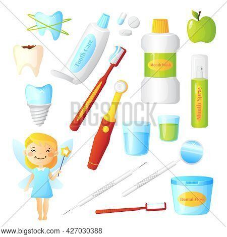 Flat Dentist Set For Dental Care Hygiene And Healthy Teeth With Tooth Fairy And Equipment Isolated O
