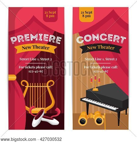 Theatre Poster Vertical Banners Set With Concert Symbols Flat Isolated Vector Illustration