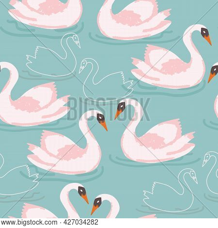 Vector Seamless Pattern With Swans On A Lake