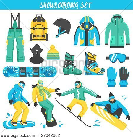 Collection Of Colored Decorative Icons With Sports Clothes Accessories And Equipment  For Snowboardi