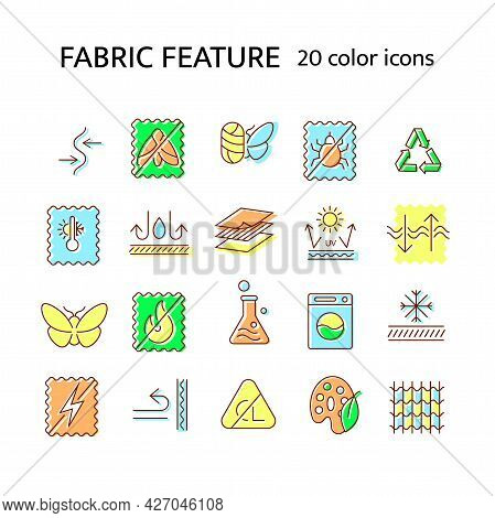 Fabric Feature Flat Icon. Textile Industry. Stretch, Fireproof Material. Insect Resistant. Dust Mite