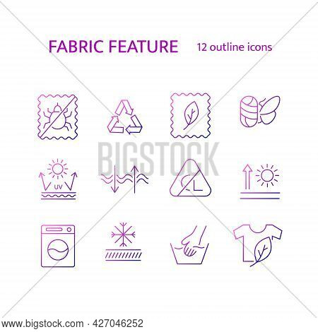 Different Fabric Properties Outline Icons Set. Textile Industry. Easy Care, Handwash