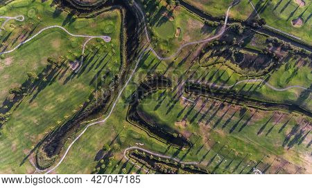 Green Golf Courses By The Sea. Salgados Beach. Portugal, Albufeira. Aerial View.