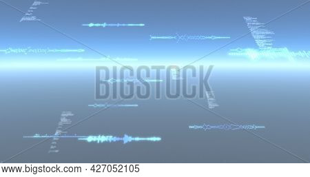 Image of data processing and particles recording on glowing blue background. digital interface, global connection and communication concept digitally generated image.