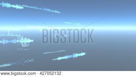 Image of data processing and particles recording on glowing blue background. digital interface, global connection and communication concept digitally generated image.