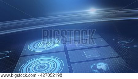 Image of statistics recording and scopes scanning on screens over glowing blue background. digital interface, global connection and communication concept digitally generated image.